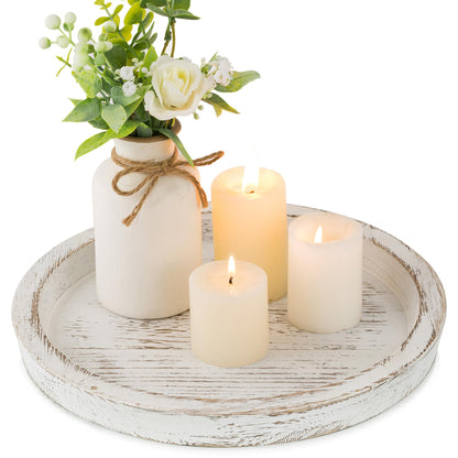 Hanobe Round Wood Candle Holder Trays for Coffee Table, Rustic White Finish