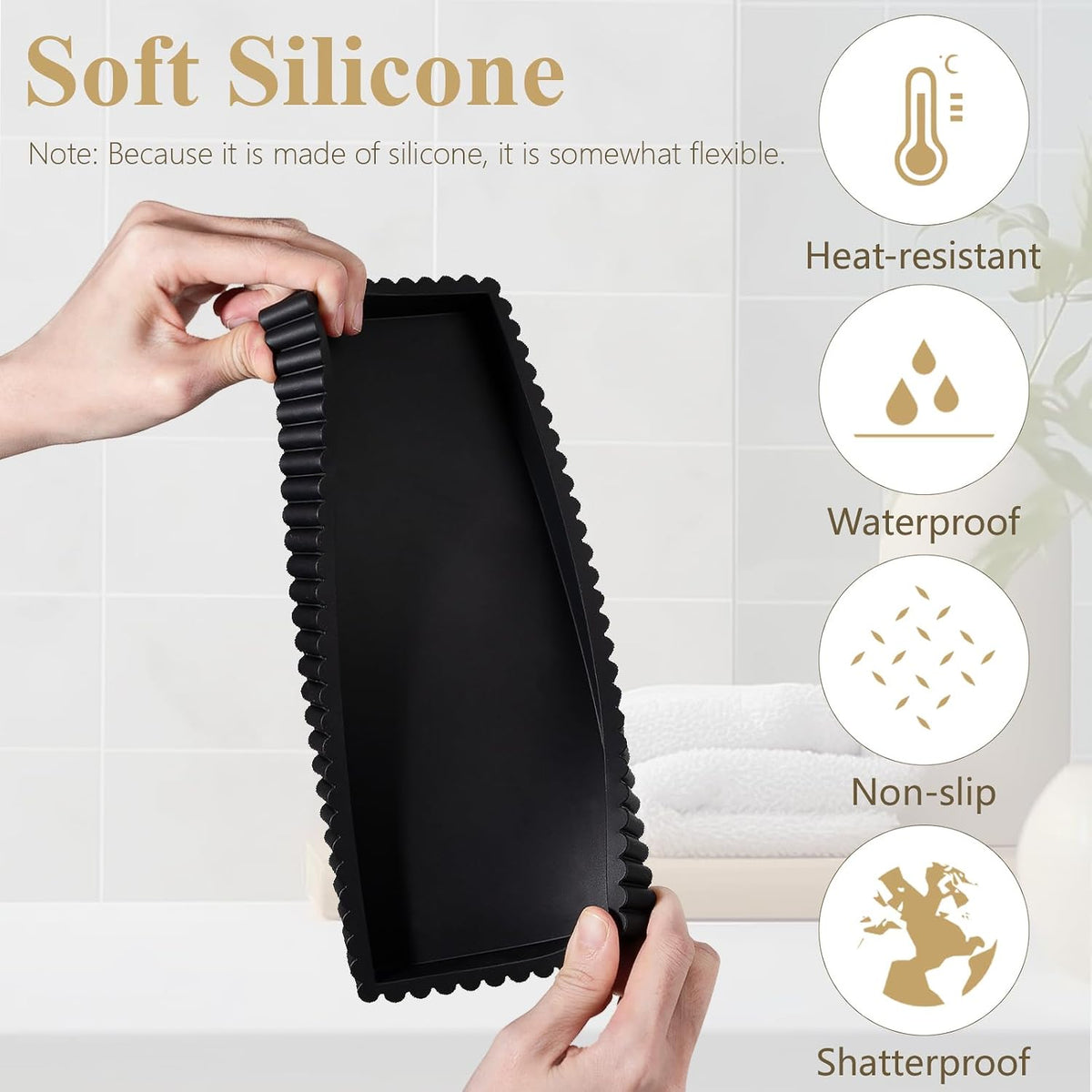 Silicone Bathroom Tray Small Vanity Tray Kitchen Counter Decor, Black