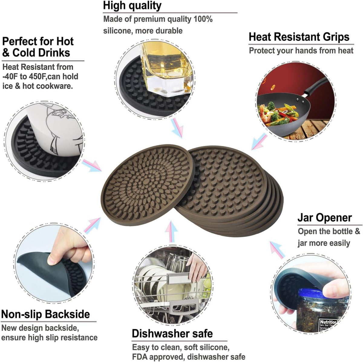 KindGa Rubber Coasters for Drinks - Large Silicone Coasters Set of 8 Brown