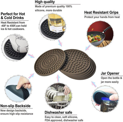 KindGa Rubber Coasters for Drinks - Large Silicone Coasters Set of 8 Brown