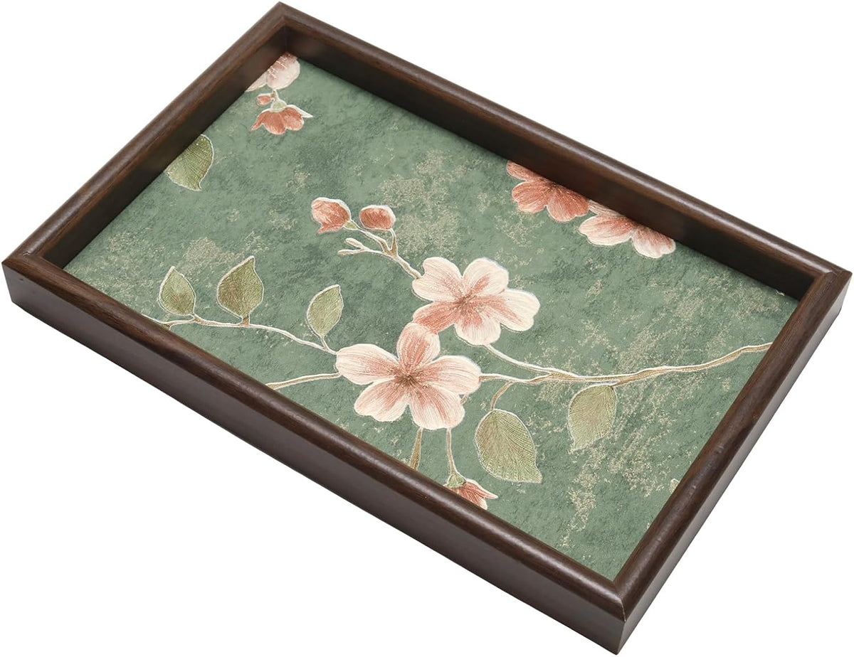 Wooden Valet Tray with Floral Base, Green Vintage Blossoms