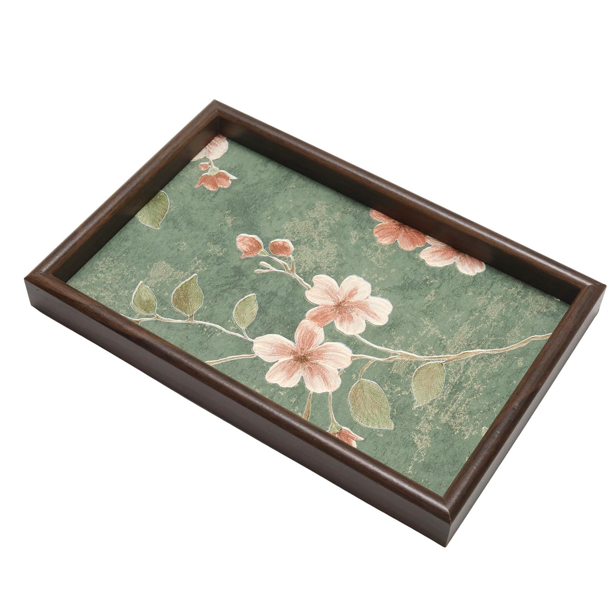 Wooden Valet Tray with Floral Base, Green Vintage Blossoms
