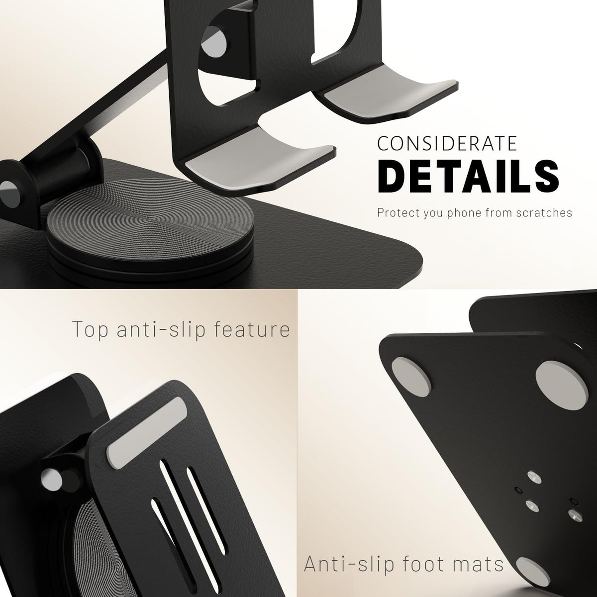 Metal Cell Phone Stand for Desk, Multi-Angel Adjustable 360° Rotation Non-Slip and Foldable Mobile Phone Stand, Compatible with iPhone 18/17 Series and All Smartphones, Black