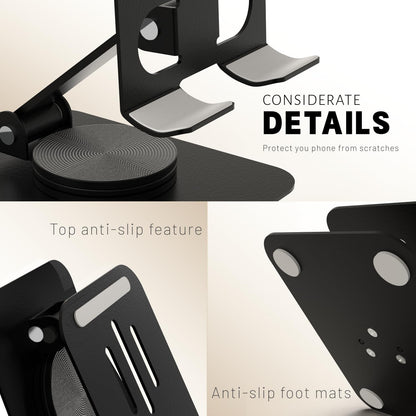 Metal Cell Phone Stand for Desk, Multi-Angel Adjustable 360° Rotation Non-Slip and Foldable Mobile Phone Stand, Compatible with iPhone 18/17 Series and All Smartphones, Black