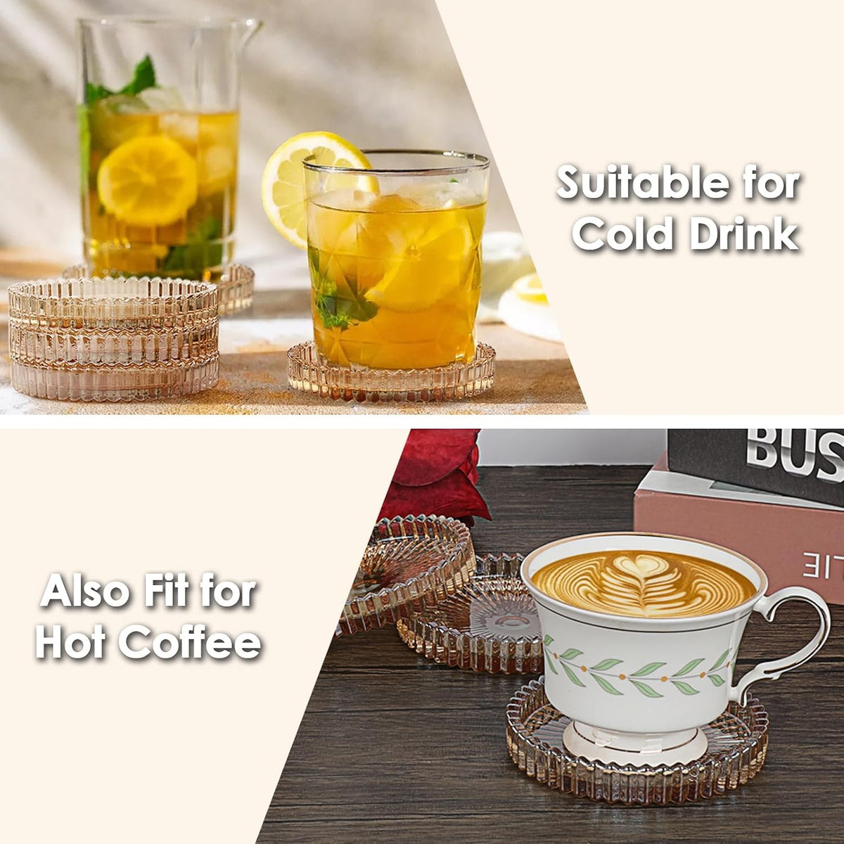 Modern Clear Coasters Set of 5- Glass Cute Coasters for Drinks, Amber