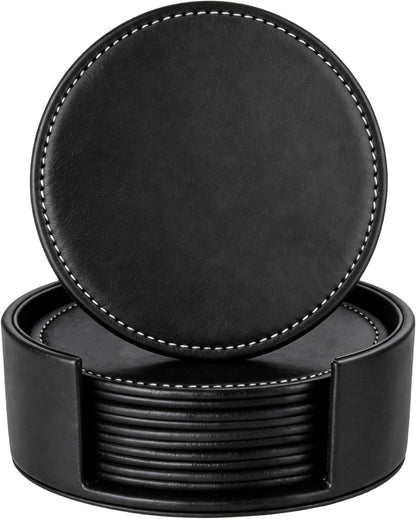 Set of 6 Round Leather Bar Coasters for Drinks with Holder (Black)