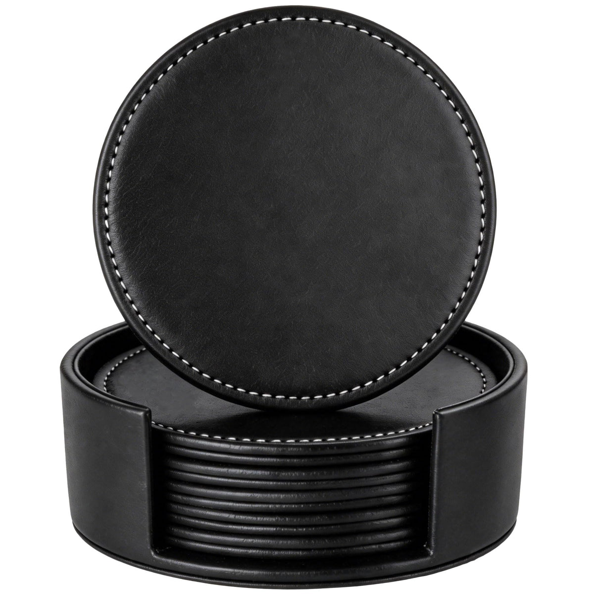 Set of 6 Round Leather Bar Coasters for Drinks with Holder (Black)