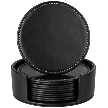 Set of 6 Round Leather Bar Coasters for Drinks with Holder (Black)