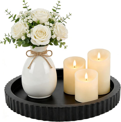 Modern Decorative Tray for Coffee Table, 11" Wooden Black Round Small Decor Tray for Candle, Perfume, Vanity, Kitchen Island Counter & Table Centerpiece