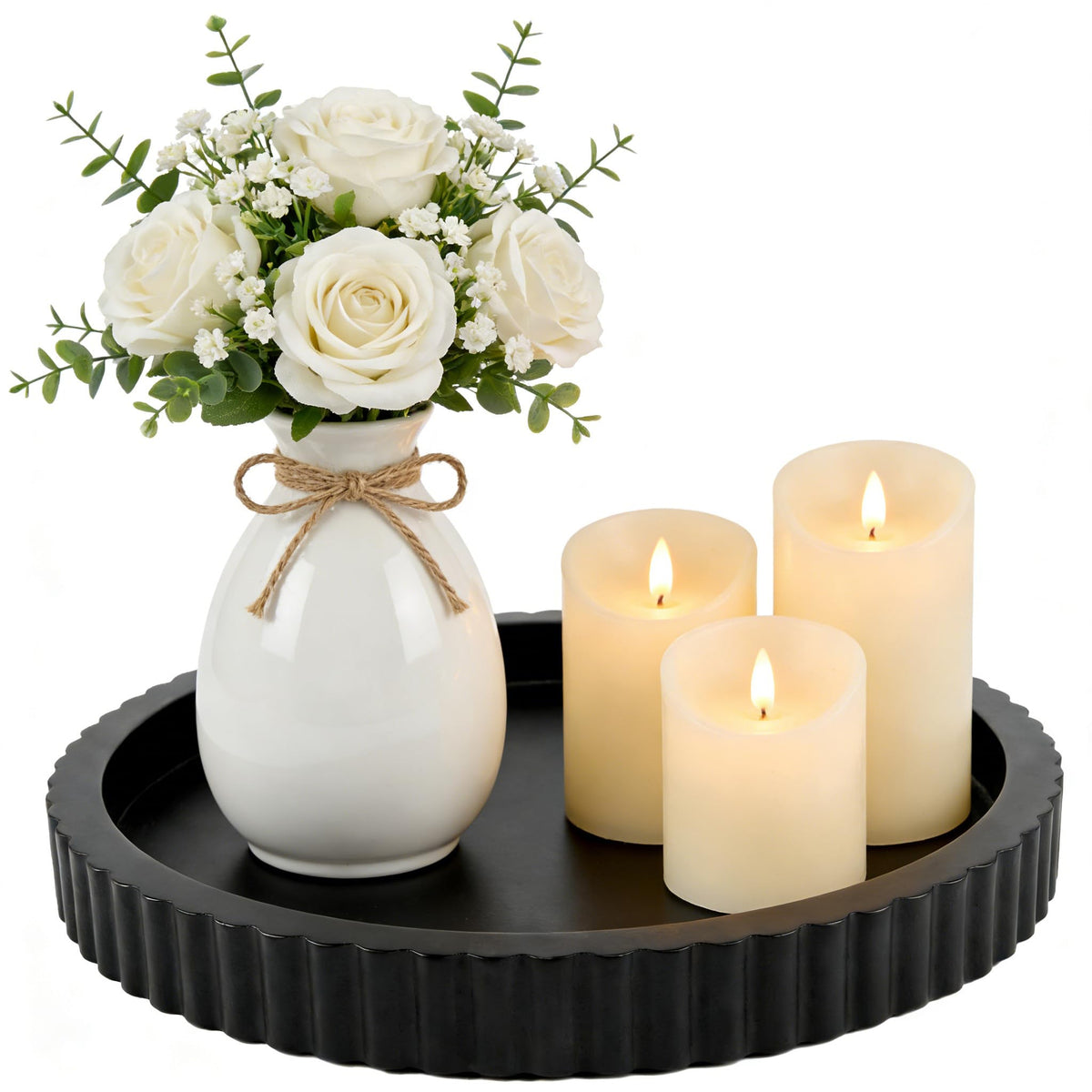 Modern Decorative Tray for Coffee Table, 11" Wooden Black Round Small Decor Tray for Candle, Perfume, Vanity, Kitchen Island Counter & Table Centerpiece