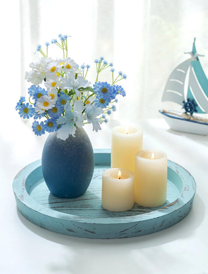 Hanobe Round Wood Candle Holder Trays for Coffee Table, Rustic White Finish