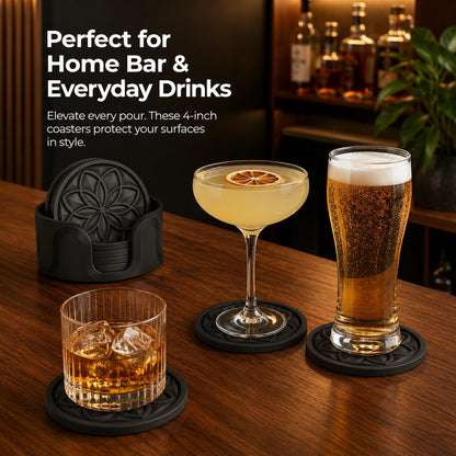 HFHOME Silicone Coasters Set with Holder - 6 Pack Drink Coasters for Coffee Table, Bar, Desk - Tabletop Protection Gift - Black