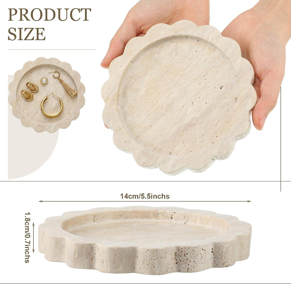 Threehoney 5.5 Inch Small Travertine Stone Tray, Round,Scallop
