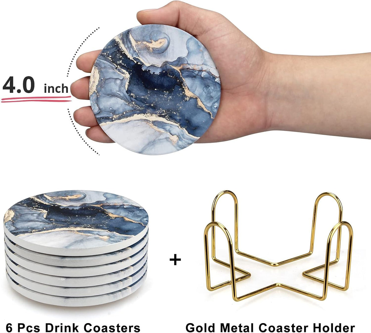 Coasters Set of 6, Navy Blue Marble Abstract Ceramic Coasters with Holder