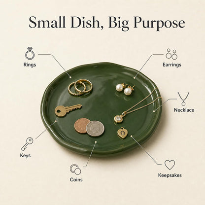 Jewelry Dish, Vintage Green Ceramic Round Shallow Ring Tray