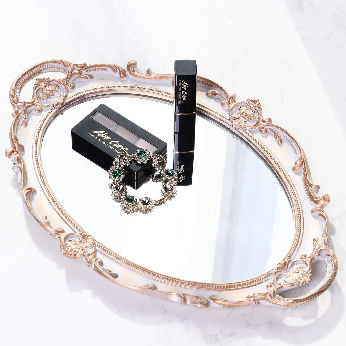 Polyresin Ellipse Antique Decorative Mirror Tray, Makeup Organizer, Jewelry Organizer, Serving Tray, 9.8”x 14.6”, Gold
