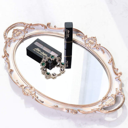 Polyresin Ellipse Antique Decorative Mirror Tray, Makeup Organizer, Jewelry Organizer, Serving Tray, 9.8”x 14.6”, Gold
