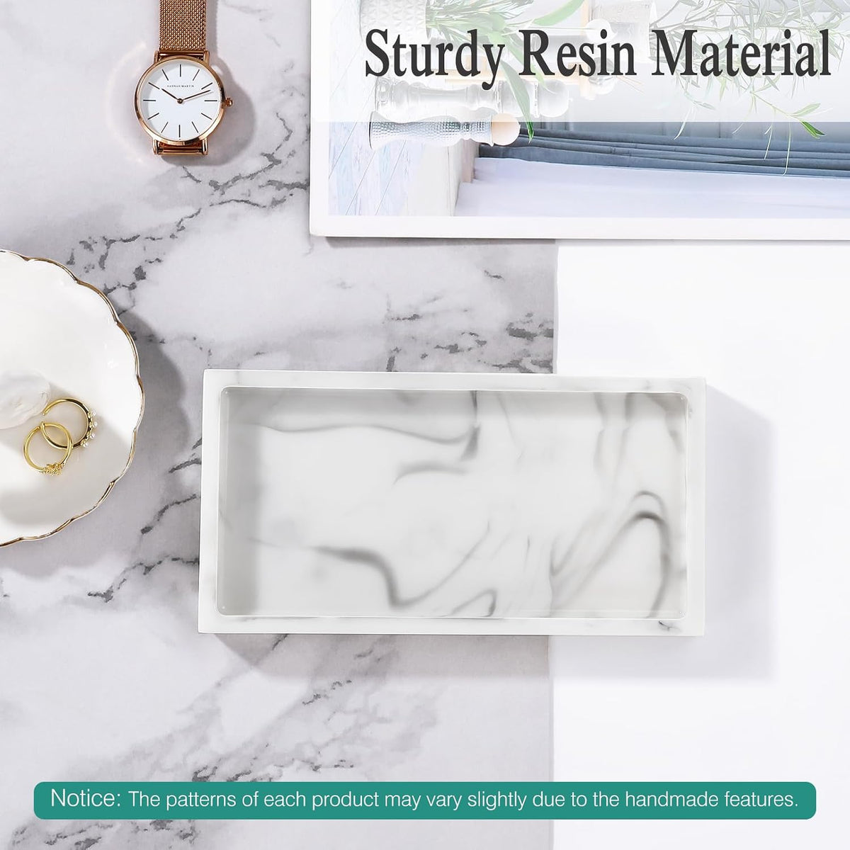 Emibele Bathroom Vanity Tray Countertop, 8" Rectangular Marble Resin Tray