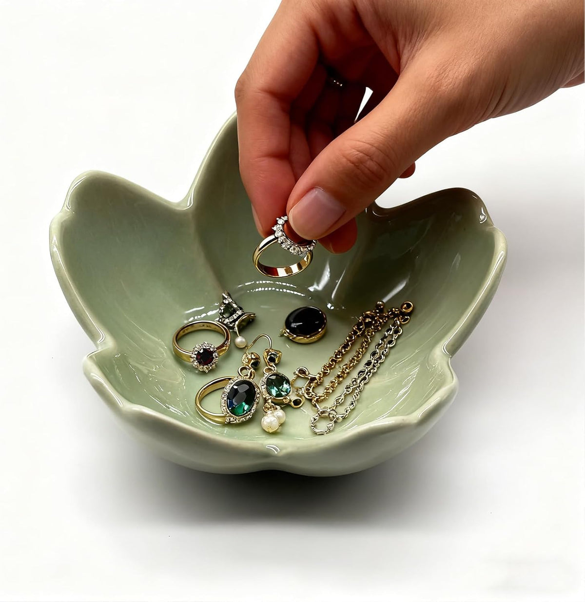 Ring Dish, Ceramic Jewelry Tray, Trinket Holder for Bathroom Nightstand, Small Decorative Bowl (Green)