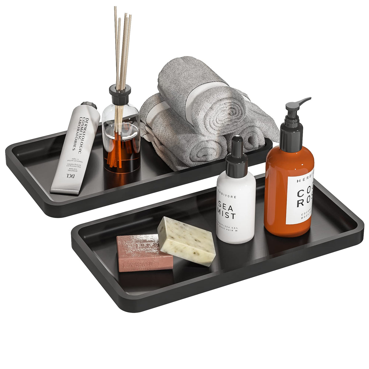 Weenson Small Bathroom Vanity Tray for Countertop Makeup Perfume Jewelry Decor Candle Keys, Small Black Kitchen Tray for Soap Dispenser Spice Bamboo Toilet Tray 7.9" L x 4" W x 0.79" H