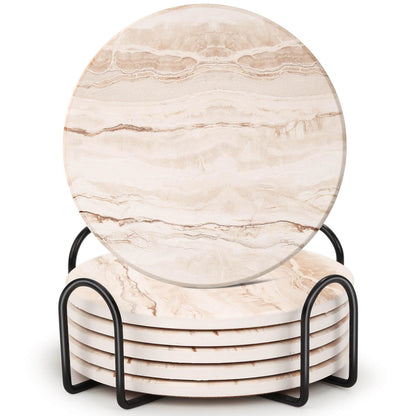 Acejoz Drink Coasters with Holder for Coffee Table, Absorbent Coaster Set of 6, Marble Style Ceramic Coaster for Wooden Table, Suitable for Kinds of Cups, Home Decor, 4 Inches