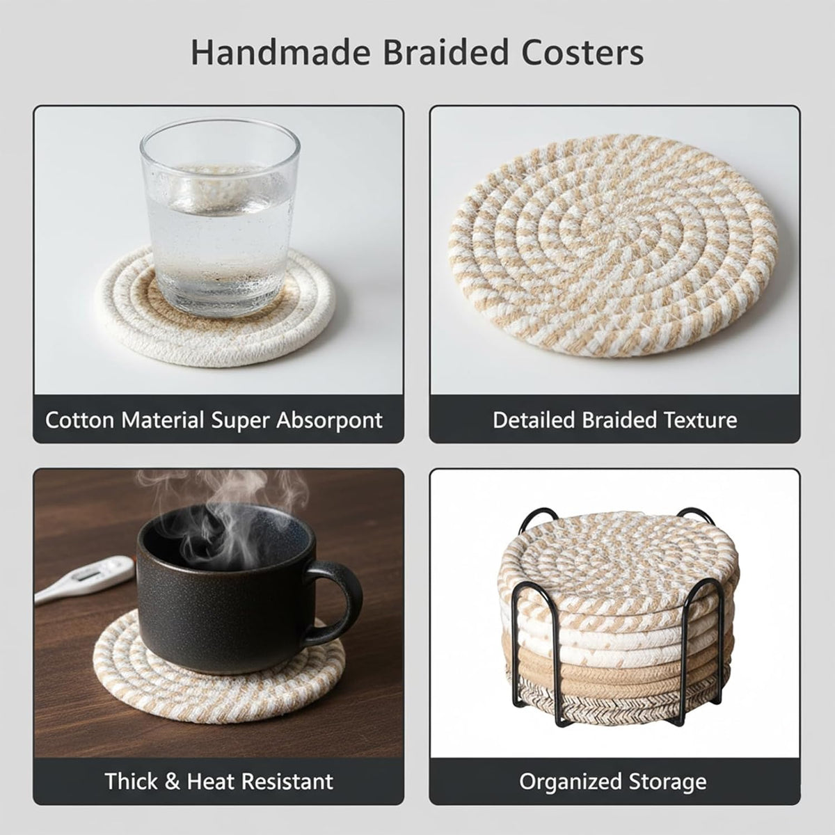 Drink Coasters Set of 8 with Holder, Cotton Woven