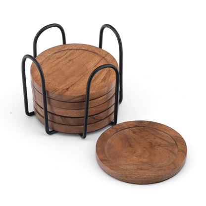 Acacia Wood Round Coasters Set of 6 with Holder – Absorbent Drink Coasters for Coffee & Dining Tables, Farmhouse Home Decor Bar Accessories, Housewarming Gift