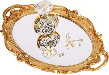 Polyresin Ellipse Antique Decorative Mirror Tray, Makeup Organizer, Jewelry Organizer, Serving Tray, 9.8”x 14.6”, Gold