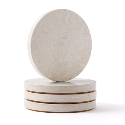Natural Travertine Marble Coasters Set of 4-4" Round Stone Drink Coasters, Non-Slip Cork Backing, Housewarming Gift, Wedding, Protect Tables from Stains & Scratches (BD140)