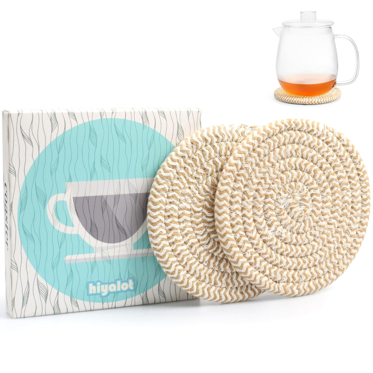 4.8" Drink Cotton Coasters Set of 2 - Large Absorbent Fabric Drink Pads for Coffee Mugs, Stylish Boho Cup Mats for Desk, Bedside Table, Plant Pots – Durable Minimalist Home Decor (Rich Blue, 2pack)