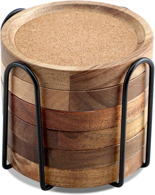 WLWNWFT Coasters for Drinks Absorbent with Holder, Acacia Wood Cork Coaster for Coffee Table Wooden Table Coaster for Farmhouse Desk Extra Large Coasters, Set of 6