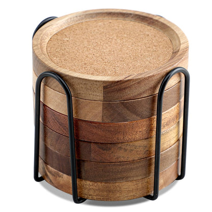 WLWNWFT Coasters for Drinks Absorbent with Holder, Acacia Wood Cork Coaster for Coffee Table Wooden Table Coaster for Farmhouse Desk Extra Large Coasters, Set of 6
