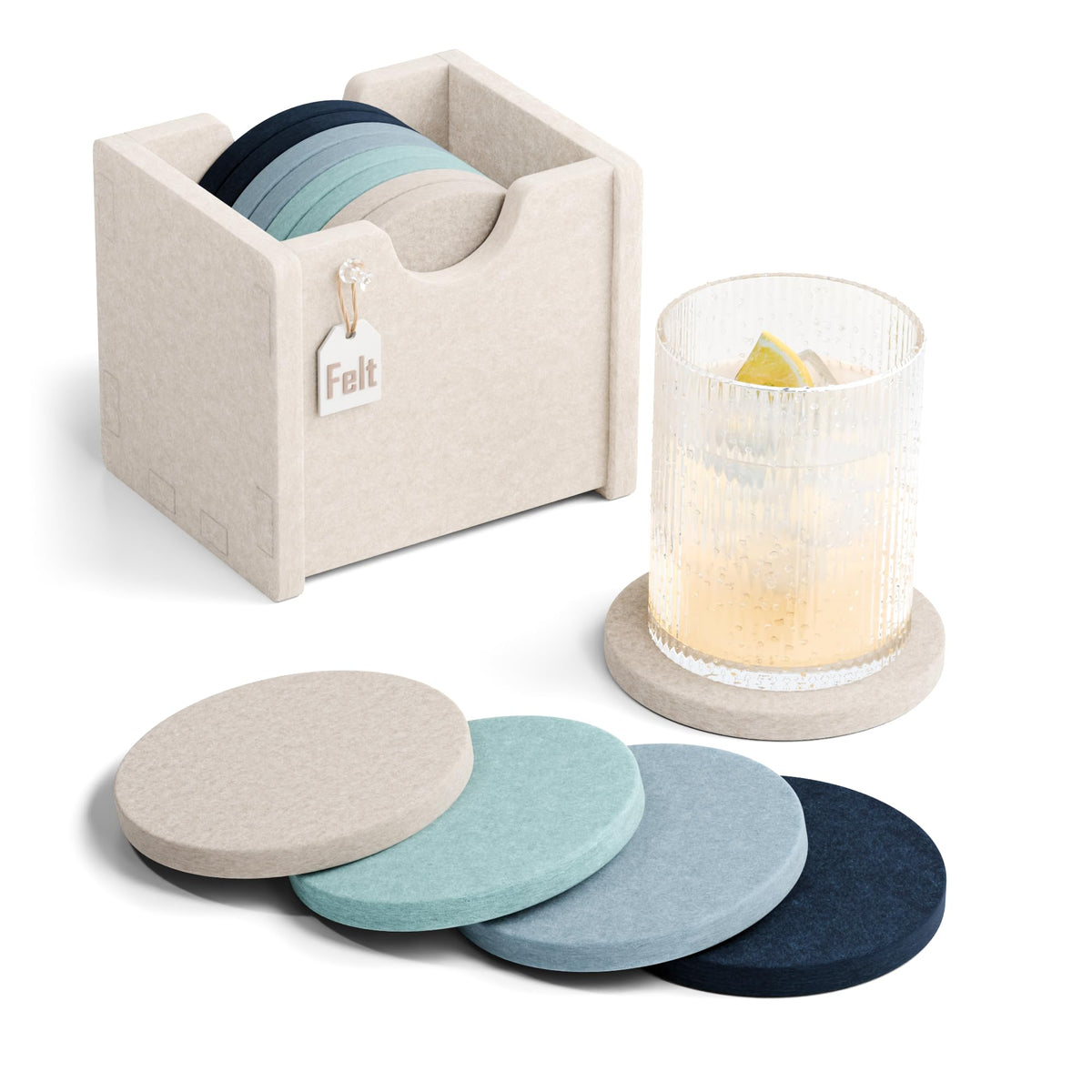 Fluxynara Felt Coasters with Holder, Set of 8 for Drinks, Sage - Arch