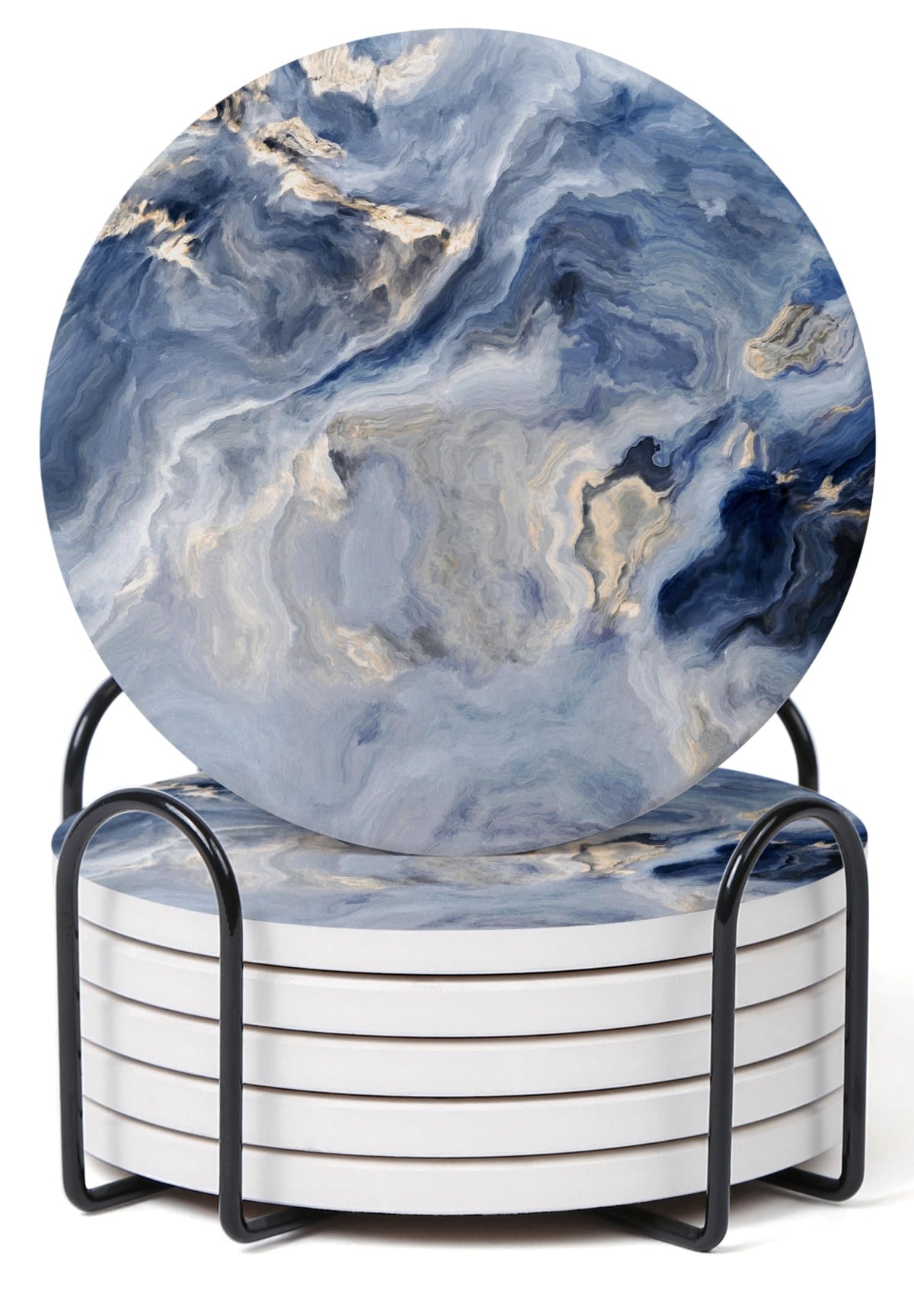 Set of 6 Abstract Blue Marble Coasters with Holder, Absorbent Ceramic Coasters for Drinks, Coasters with Cork Backing for Table Protection, Housewarming Gifts for New Home