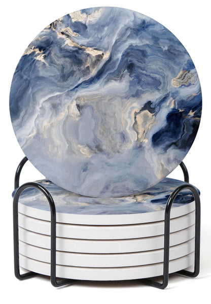 Set of 6 Abstract Blue Marble Coasters with Holder, Absorbent Ceramic Coasters for Drinks, Coasters with Cork Backing for Table Protection, Housewarming Gifts for New Home