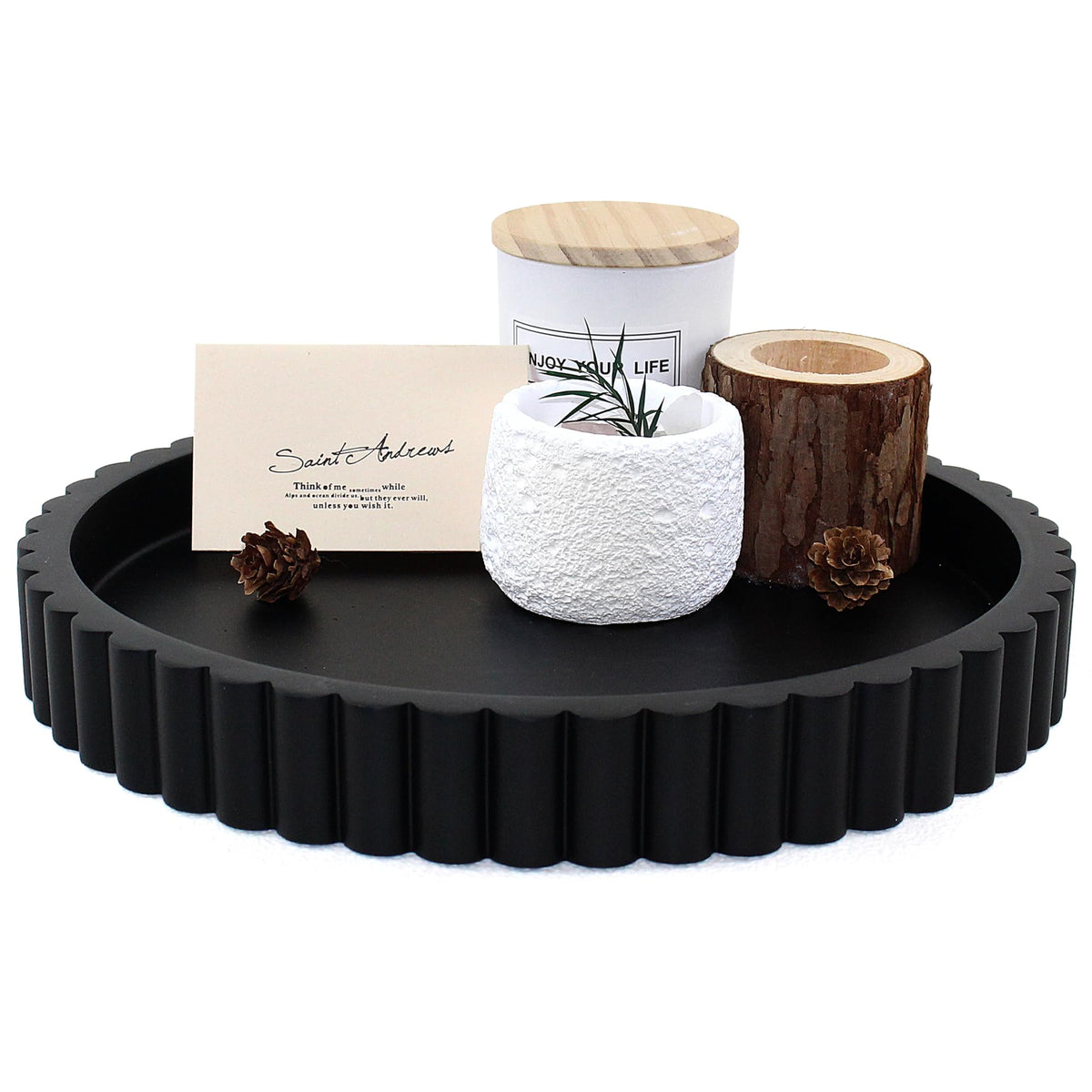 Round Decorative Tray for Coffee Table Decor, Circle Tray Decor 11" Beige