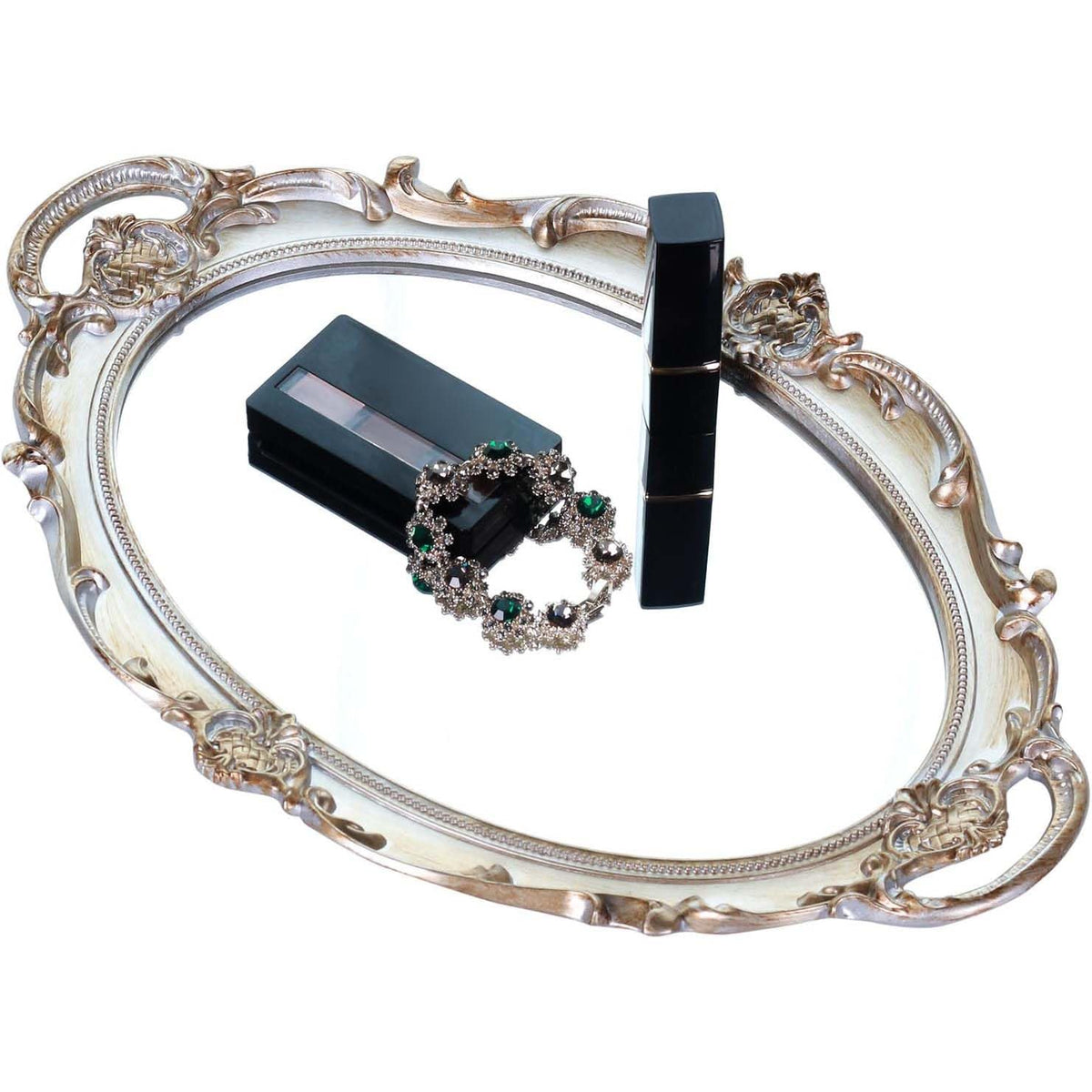 Polyresin Ellipse Antique Decorative Mirror Tray, Makeup Organizer, Jewelry Organizer, Serving Tray, 9.8”x 14.6”, Gold