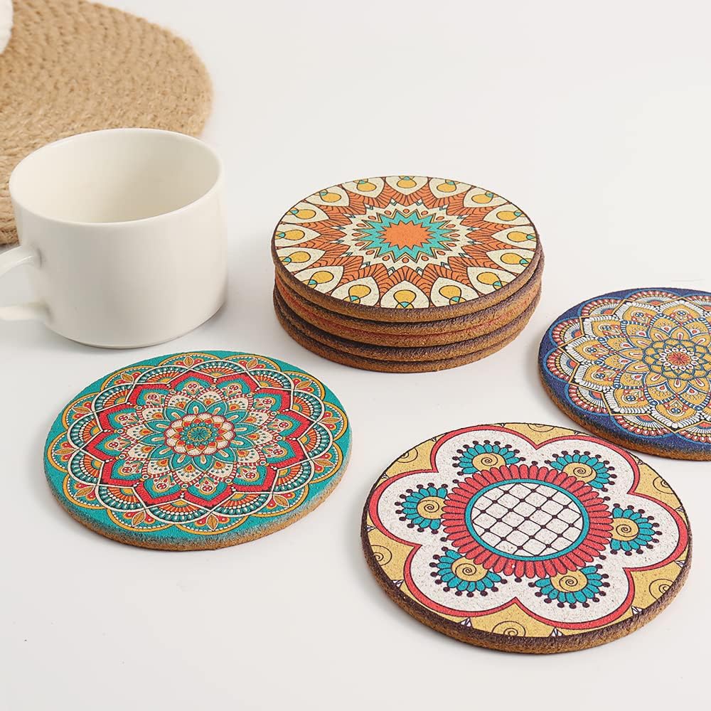 Cork Coasters Set of 8,Colorful Drink Coaster with Holder,4 Inch