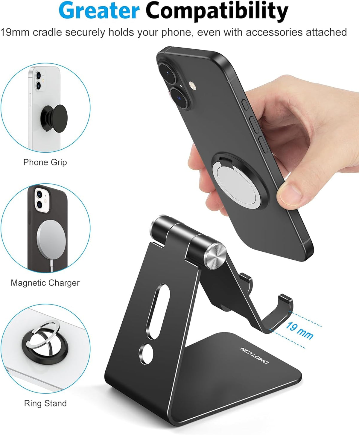 OMOTON C2 Adjustable Aluminum Cell Phone Stand with Charging Cutout, Black