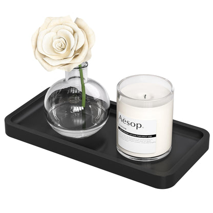 Weenson Small Bathroom Vanity Tray for Countertop Makeup Perfume Jewelry Decor Candle Keys, Small Black Kitchen Tray for Soap Dispenser Spice Bamboo Toilet Tray 7.9" L x 4" W x 0.79" H