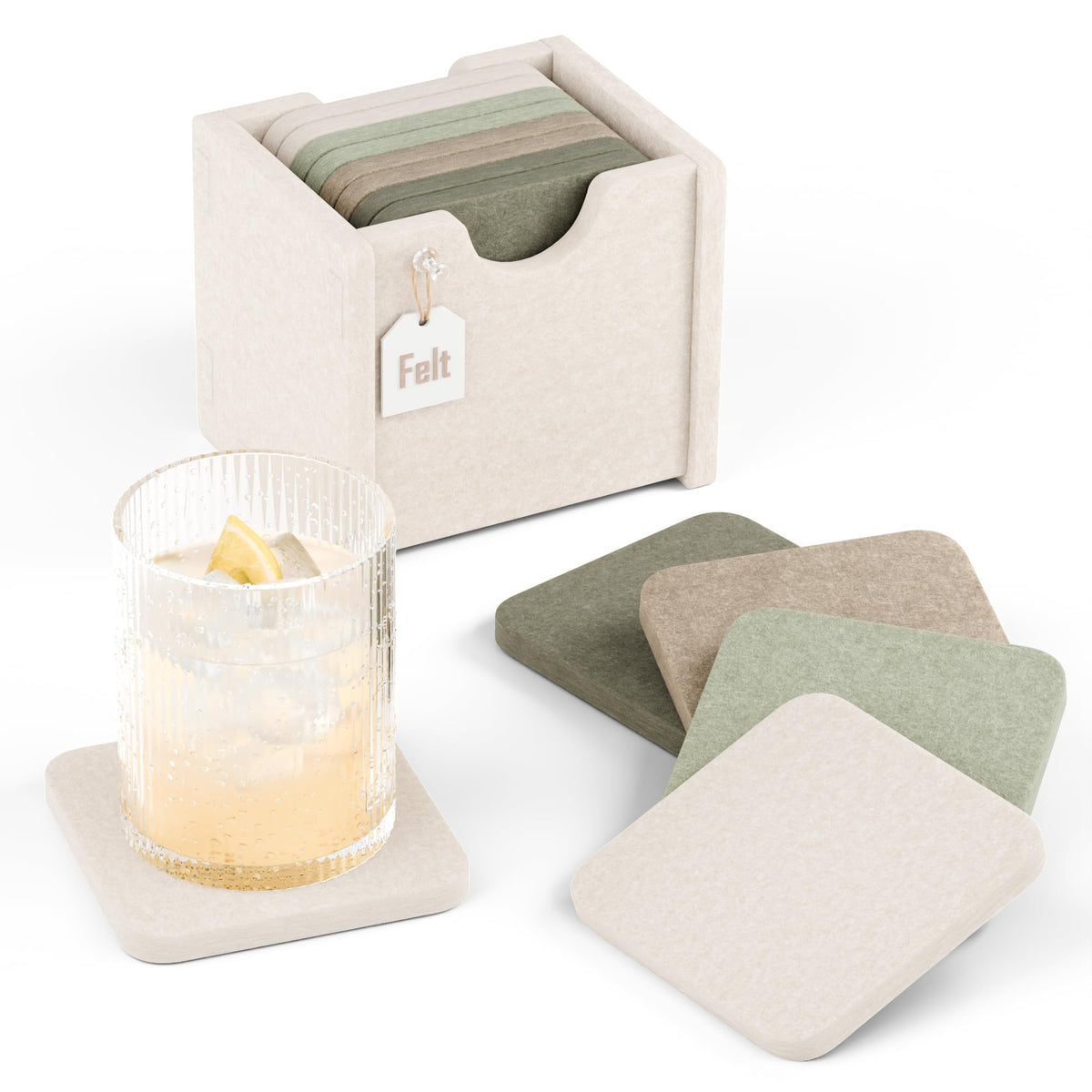 Fluxynara Felt Coasters with Holder, Set of 8 for Drinks, Sage - Arch