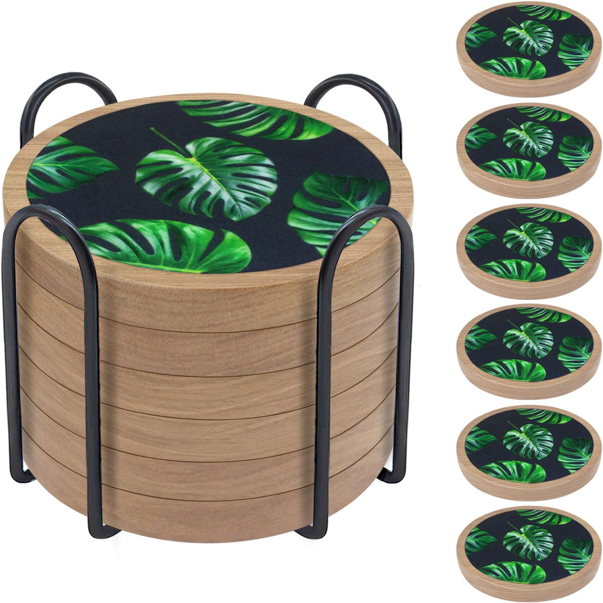 Wood Coasters for Drinks, Minacun Absorbent Coaster Sets of 5, Drinks Coasters for Coffee Tabletop Protection, Non-Slip, Non-Stick, Suitable for Kinds of Cups Wooden Table Drink, 4.3 Inches Black