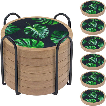 Wood Coasters for Drinks, Minacun Absorbent Coaster Sets of 5, Drinks Coasters for Coffee Tabletop Protection, Non-Slip, Non-Stick, Suitable for Kinds of Cups Wooden Table Drink, 4.3 Inches Black