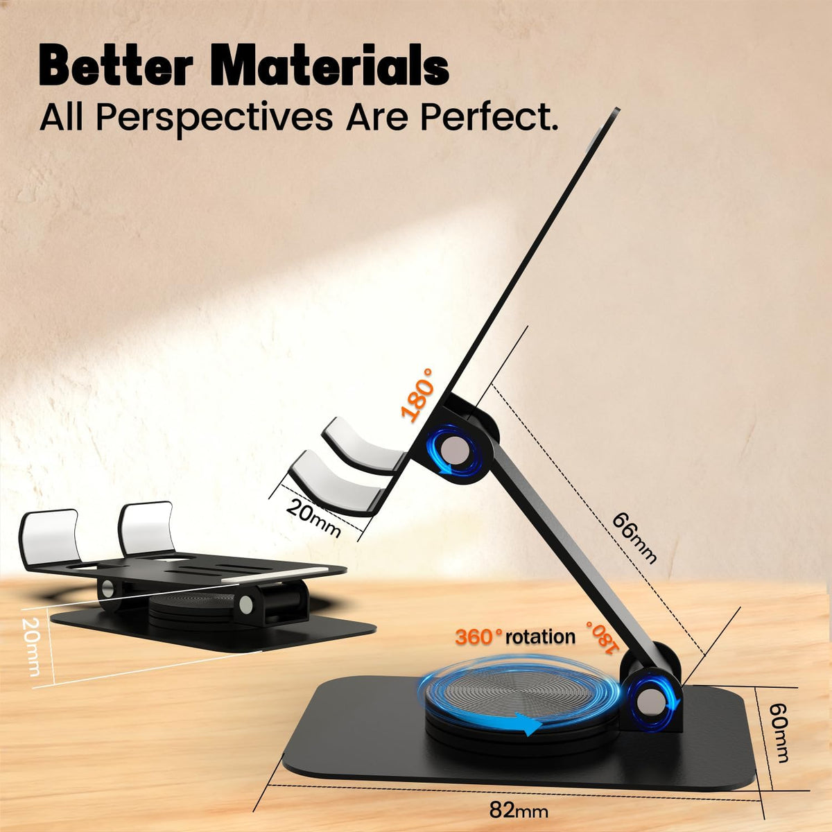 Metal Cell Phone Stand for Desk, Multi-Angel Adjustable 360° Rotation Non-Slip and Foldable Mobile Phone Stand, Compatible with iPhone 18/17 Series and All Smartphones, Black