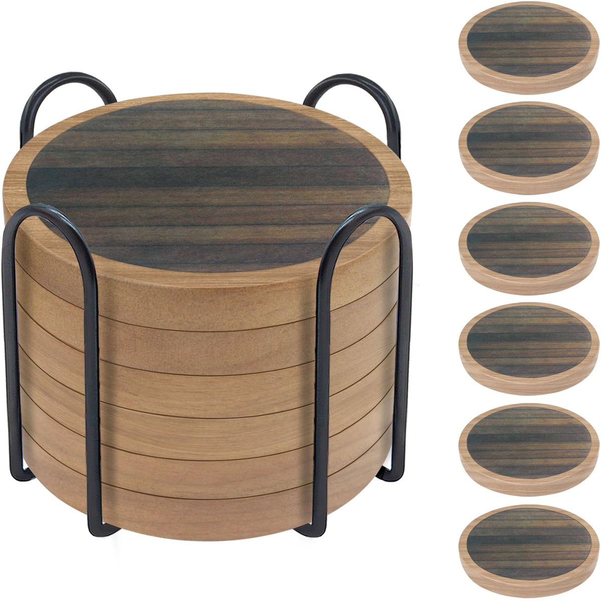 Wood Coasters for Drinks, Minacun Absorbent Coaster Sets of 5, Drinks Coasters for Coffee Tabletop Protection, Non-Slip, Non-Stick, Suitable for Kinds of Cups Wooden Table Drink, 4.3 Inches Black