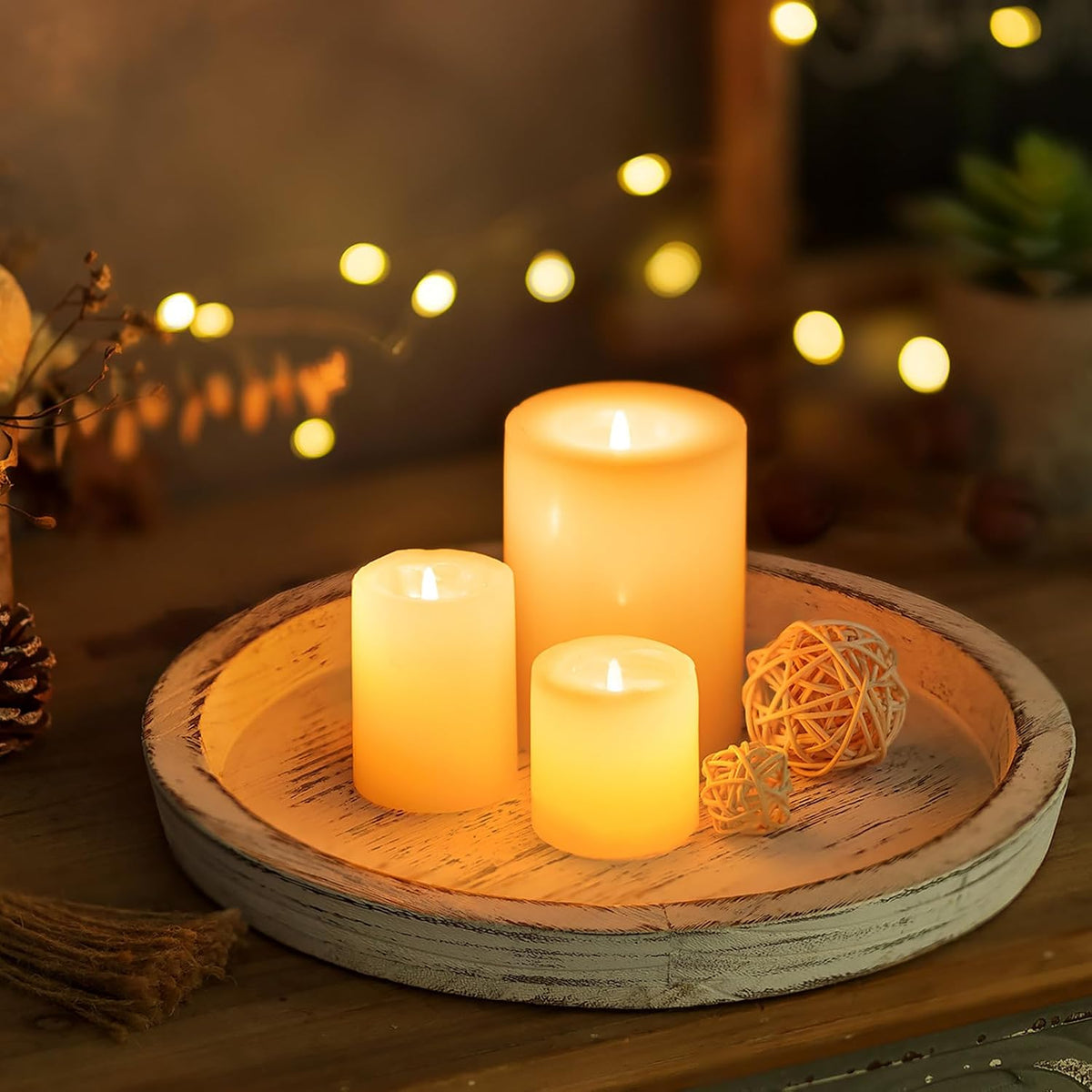 Romadedi Rustic Wooden Tray Candle Holder, Round, Distressed White