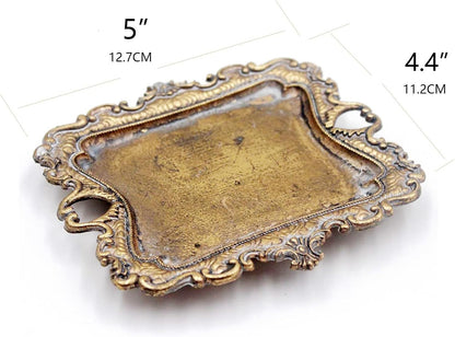 Funly mee Small Antique Trinket Dish Vintage Gold Metal Jewelry Tray, Ring Holder-5.3 x 3.5 x 1.2 inches