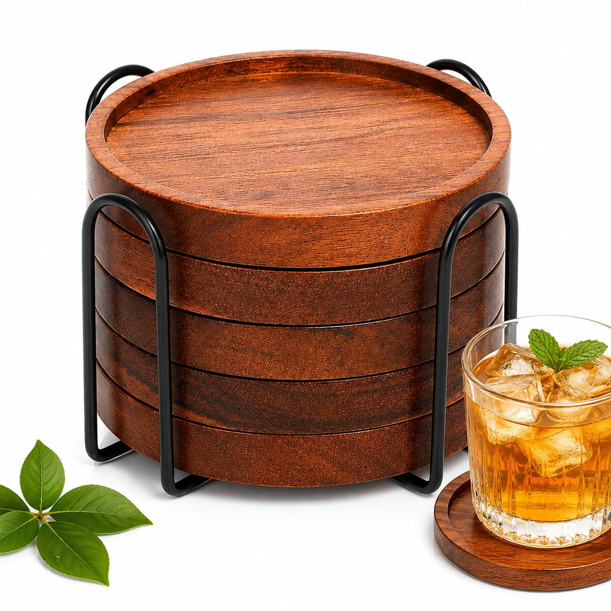 Acacia Wood Round Coasters Set of 6 with Holder – Absorbent Drink Coasters for Coffee & Dining Tables, Farmhouse Home Decor Bar Accessories, Housewarming Gift