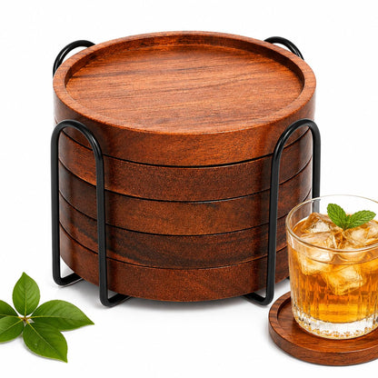 Acacia Wood Round Coasters Set of 6 with Holder – Absorbent Drink Coasters for Coffee & Dining Tables, Farmhouse Home Decor Bar Accessories, Housewarming Gift