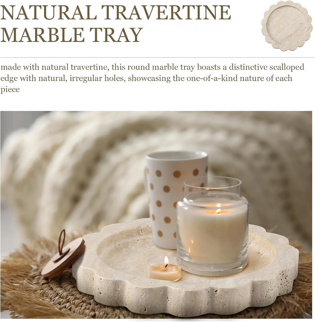 Threehoney 5.5 Inch Small Travertine Stone Tray, Round,Scallop